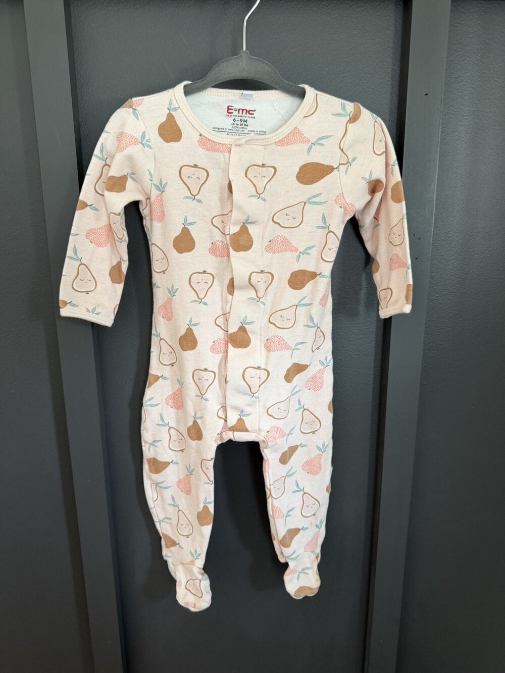 Easy=Magnetic Close Baby Pajamas 6-9 Months Pink Pears Cotton Magnet Girl E=mc